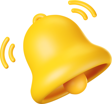 3D Notification Bell Icon. 3D Render Yellow Ringing Bell with New Notification for Social Media Reminder.